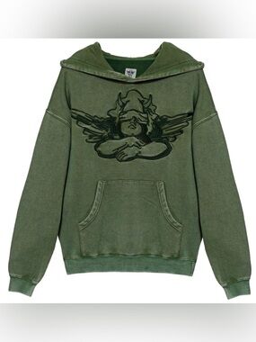 Like New Boys Lie Distressed Green Pullover Hoodie with Winged Cherub Embroidery